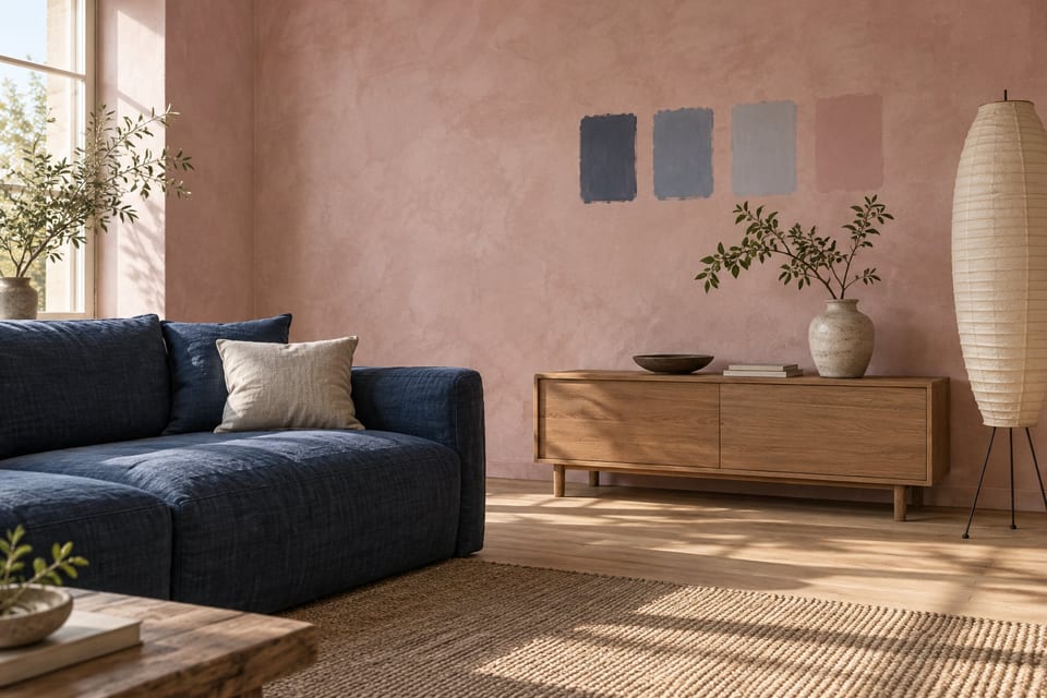 Illustration of a living room corner: a pink limewash wall with four paint sample patches, an indigo linen sofa, an oak sideboard and a paper floor lamp